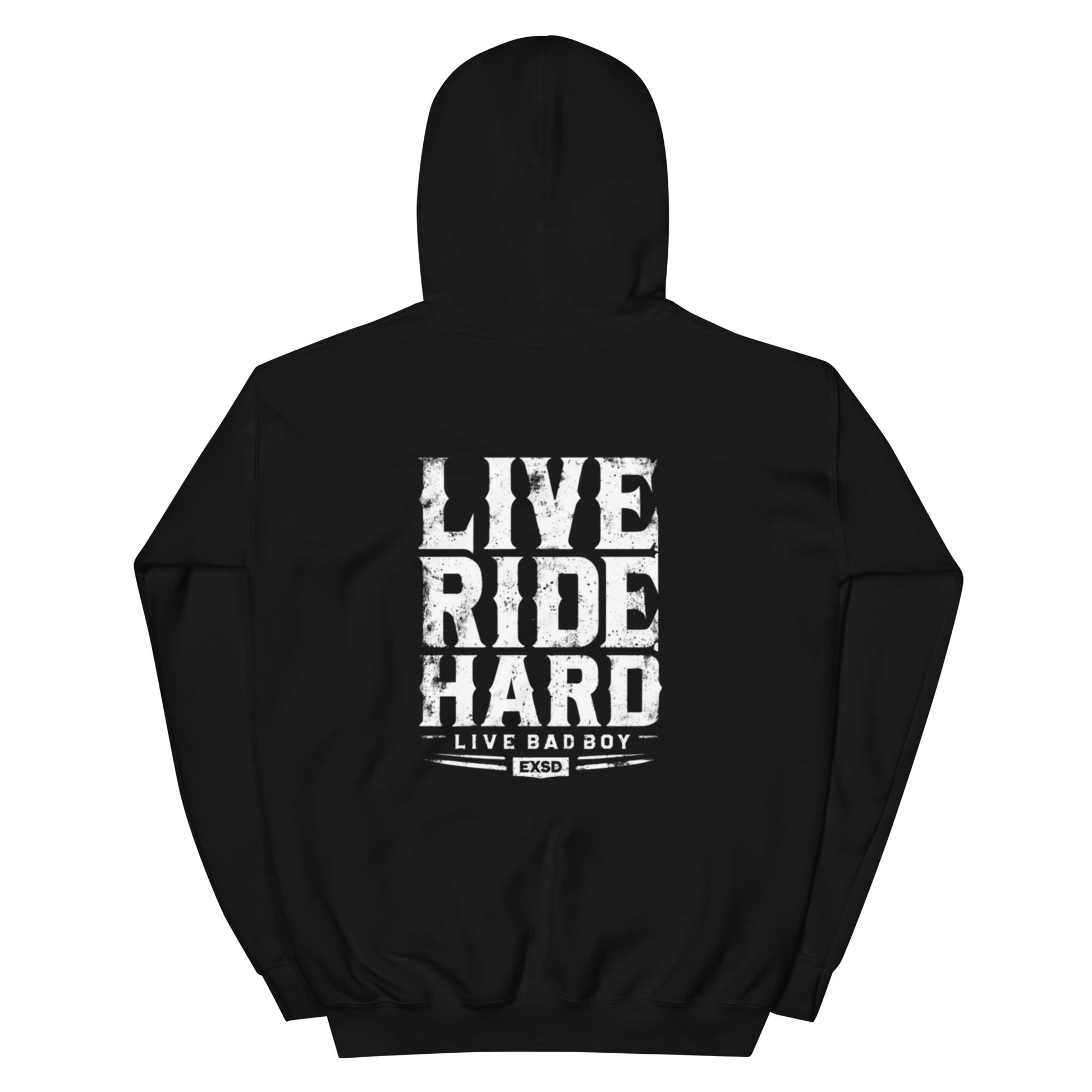 Edgy 'Bad Boy' motorcycle and skull graphic on a black hoodie, ideal for urban streetwear.
